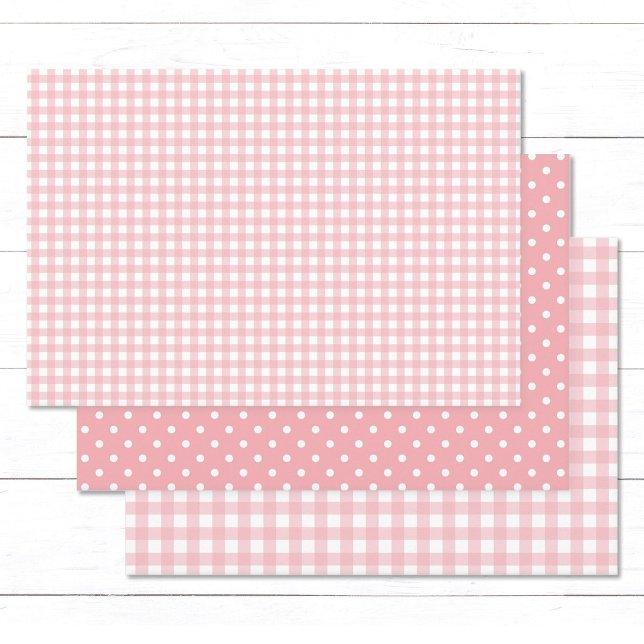 Gingham Polka Dot Pattern Peach Pink Mix and Match Geschenkpapier Set (Elegant peach pink gingham checks and white polka dots wrapping paper sheets.)