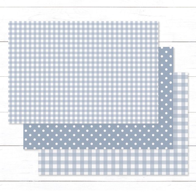 Gingham Polka Dots Dusty Blue Mix und Match Geschenkpapier Set (Elegant dusty blue gingham checks and white polka dots wrapping paper sheets.)