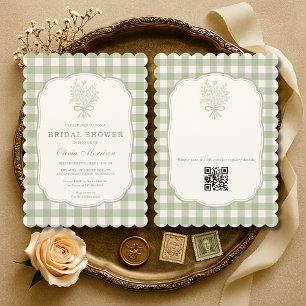 Gingham QR Code Salbeigrün Florales Brautjungfernp Einladung