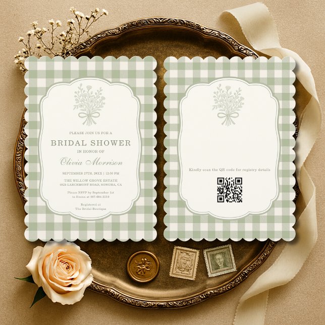 Gingham QR Code Salbeigrün Florales Brautjungfernp Einladung (Von Creator hochgeladen)