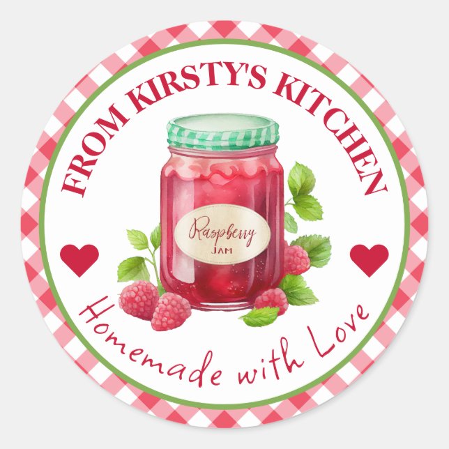 Gingham Raspberry Jam Label Runder Aufkleber (Vorderseite)