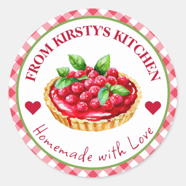 Gingham Raspberry Pie Label Runder Aufkleber (Vorderseite)
