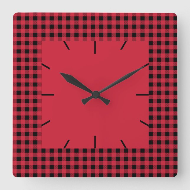 Gingham Red und Black Quadratische Wanduhr (Vorderseite)