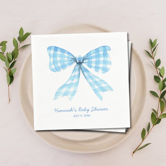 Gingham Ribbon Blue Bow Baby Boy Showdusche Napkin Serviette (Gingham Ribbon Blue Bow Baby Boy Shower Napkins)