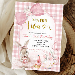 Gingham-Rosa-Blumen-Schleifen-Hasen-Teeparty Einladung