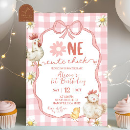 Gingham Rosa Gänseblümchen Ein Süßes Küken 1. Gebu Einladung