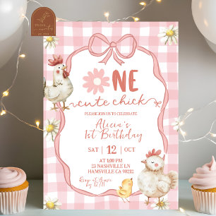 Gingham Rosa Gänseblümchen Ein Süßes Küken 1. Gebu Einladung