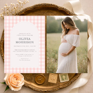 Gingham Rosa Mädchen Foto Baby Shower Einladung