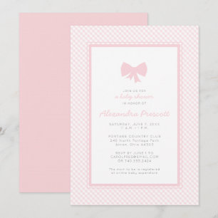 Gingham rosa Schleife Baby-Party Einladung