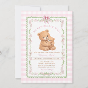 Gingham Rosa Wir können es kaum erwarten, Bär Baby Einladung