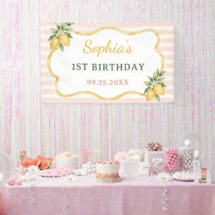 Gingham Rosa Zitronen Thema 1. Geburtstag Banner
