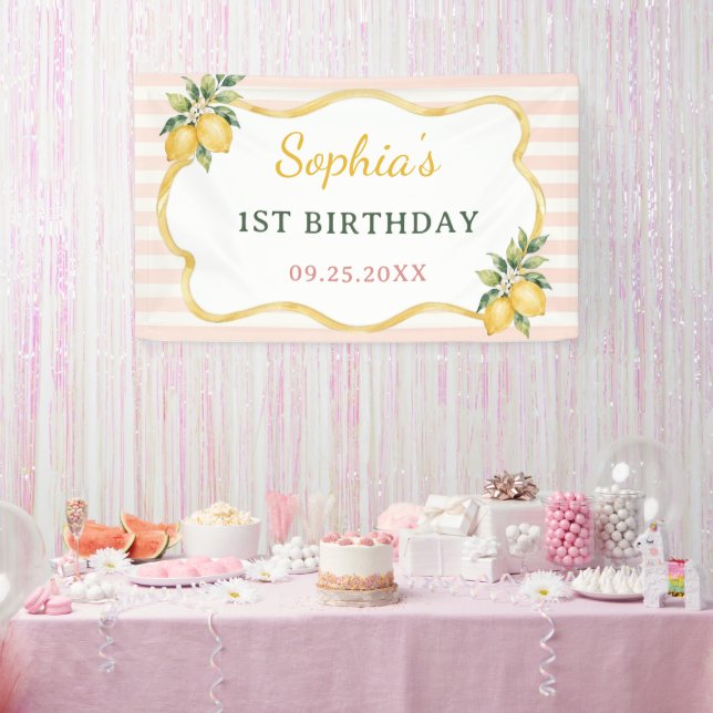 Gingham Rosa Zitronen Thema 1. Geburtstag Banner (Party)