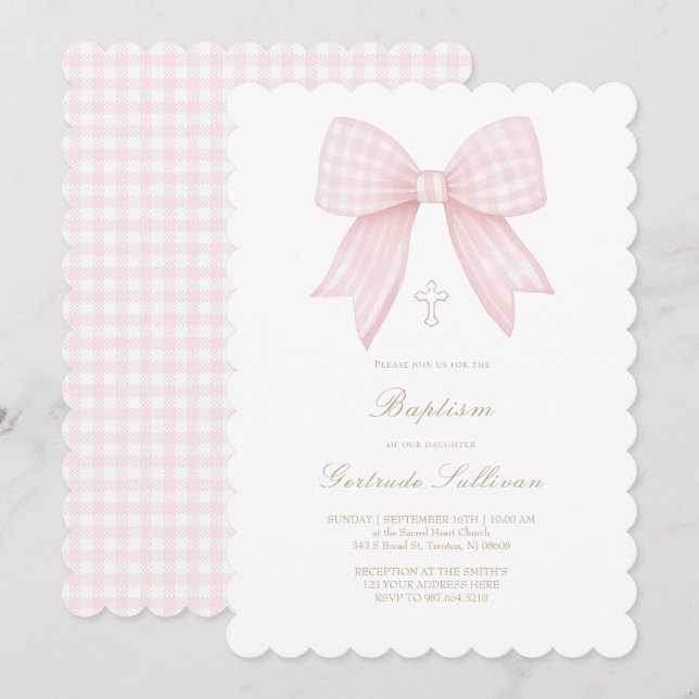 Gingham-Rosaband | Taufe Einladung (Vorne/Hinten)