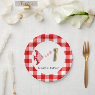 Gingham, Roter Fisch & Ballon 1. Geburtstag Pappteller