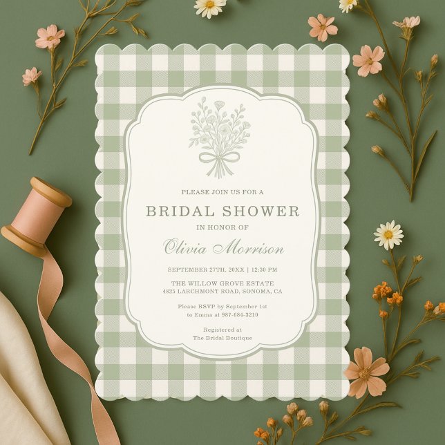 Gingham Sage Green Bridal Shower Einladung (Von Creator hochgeladen)