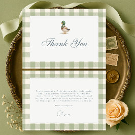 Gingham Sage Green Mallard Duck Bow Baby Shower Dankeskarte
