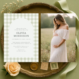Gingham Salbei Grün Foto Baby Shower Einladung