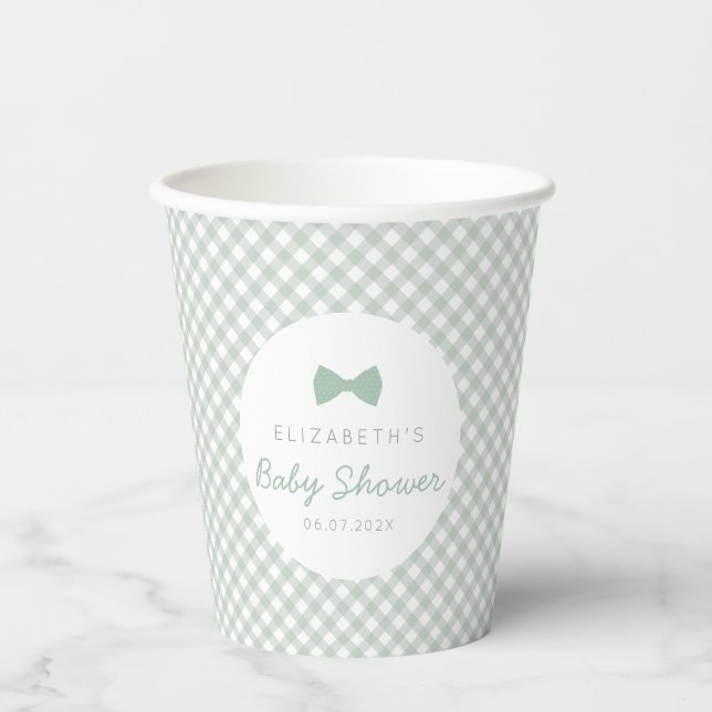 Gingham Salbei Krawatte niedliche Babydusche Pappbecher (Vorderseite)
