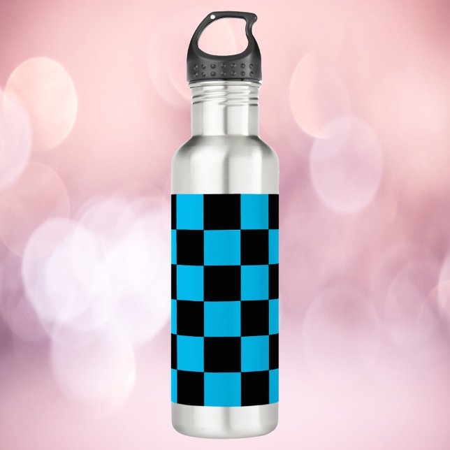 Gingham Schachbrett Pattern Sky Blue und Black Edelstahlflasche (A fun water bottle with a gingham pattern done in blue and black)