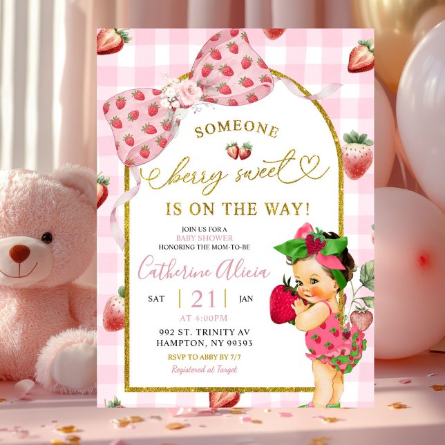 Gingham-Schleife Erdbeere Spanisch Baby Shower Einladung (Von Creator hochgeladen)