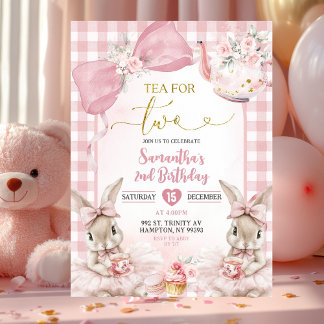 Gingham-Schleife Rosa Hase-Teeparty Zweiter Geburt Einladung