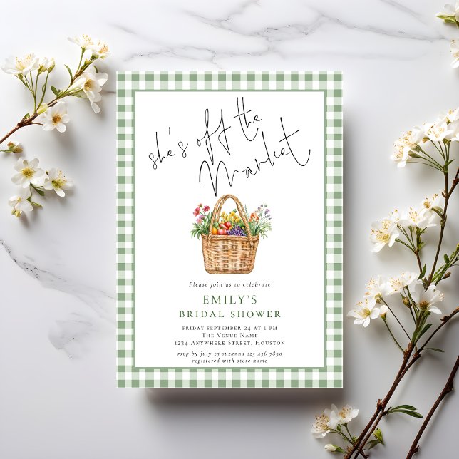 Gingham She's off the Market Script Brautparty Einladung (Von Creator hochgeladen)