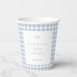 Gingham Simple Bow Dusty Blue Boys Baby Shower Pappbecher
