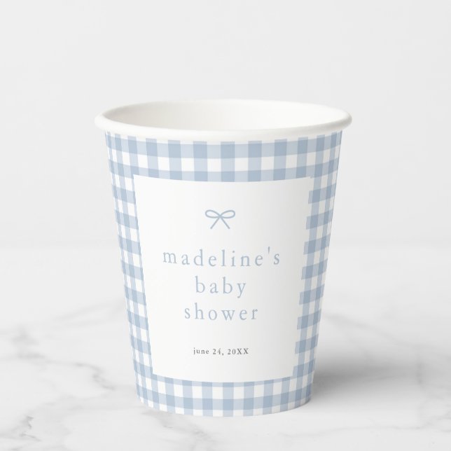 Gingham Simple Bow Dusty Blue Boys Baby Shower Pappbecher (Vorderseite)