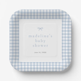Gingham Simple Bow Dusty Blue Boys Baby Shower Pappteller