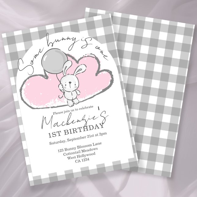 Gingham Some Bunny Is One Birthday Personalized Einladung (Gingham Some Bunny Is One Birthday Personalized Invitation by Ricaso. Pink bunny rabbit party)
