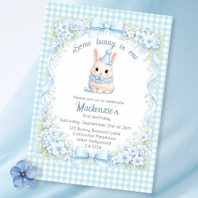 Gingham Some Bunny Is One Birthday Personalized Einladung (Gingham Some Bunny Is One Cute Personalized Invitations by Ricaso. Blue Gingham and Rabbit Birthday)