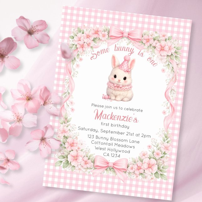 Gingham Some Bunny Is One Birthday Personalized Einladung (Gingham Some Bunny Is One Birthday Personalized Invitation
by Ricaso. Pink bunny rabbit in party hat)