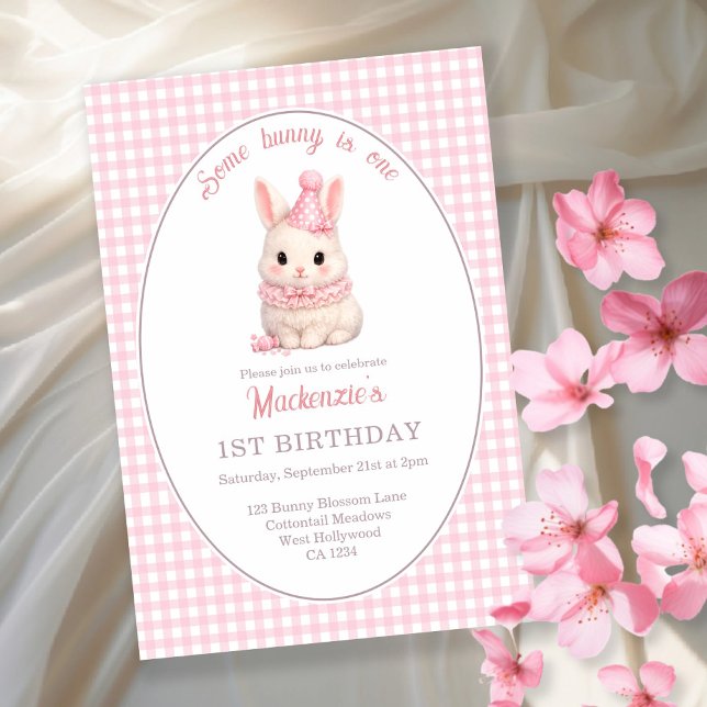 Gingham Some Bunny Is One Geburtstag Personalisier Einladung (Gingham Some Bunny Is One Birthday Personalized Invitation by Ricaso. Pink bunny rabbit party)
