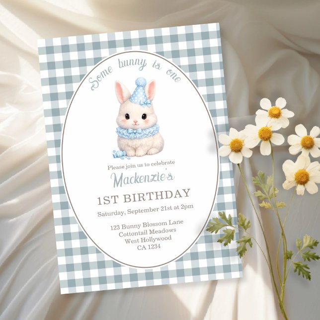 Gingham Some Bunny Is One Geburtstag Personalisier Einladung (Gingham Some Bunny Is One Birthday Personalized Invitation by Ricaso. Blue bunny rabbit party)