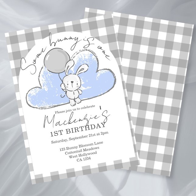 Gingham Some Bunny Is One Geburtstag Personalisier Einladung (Gingham Some Bunny Is One Birthday Personalized Invitation by Ricaso. Blue bunny rabbit party)