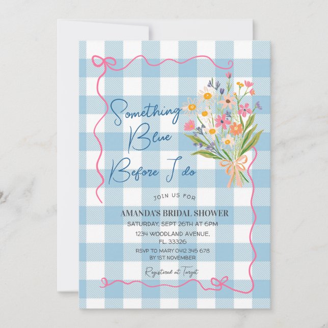 Gingham Something Blue Vor dem Traualtar Brautpart Einladung (Vorderseite)