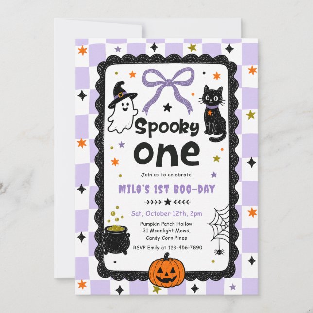 Gingham Spooky One Halloween Geburtstagsfeier Einladung (Vorderseite)