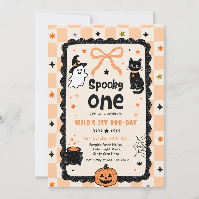 Gingham Spooky One Halloween Geburtstagsfeier Einladung (Vorderseite)