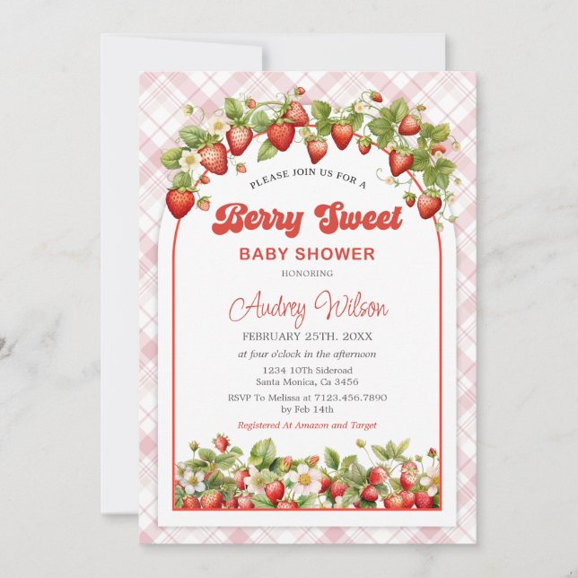 Gingham Strawberry Baby Shower Einladung (Vorderseite)