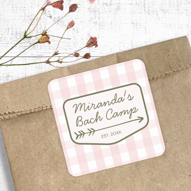 Gingham Summer Camp Bachelorette Camping Quadratischer Aufkleber (Gingham Summer Camp Bachelorette Camping Square Sticker)