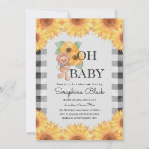 Gingham Sunflower Teddy Bear Baby Shower Einladung
