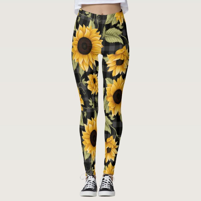 Gingham Sunflowers Pattern Leggings (Vorderseite)