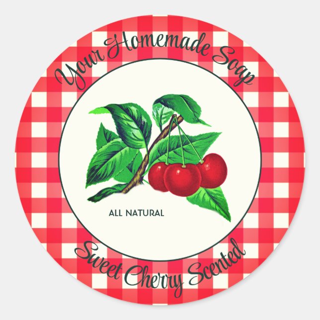 Gingham Sweet Cherry Handmade Soap Label Runder Aufkleber (Vorderseite)