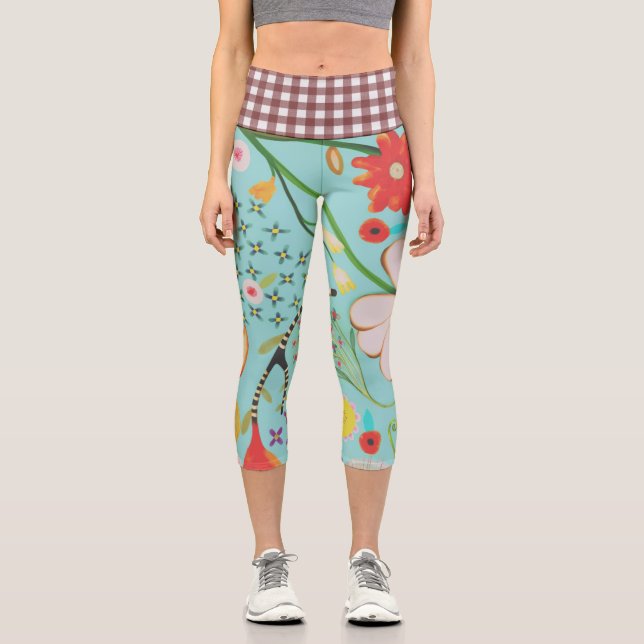 Gingham Taille Grüne Flora Capri Leggings (Vorderseite)