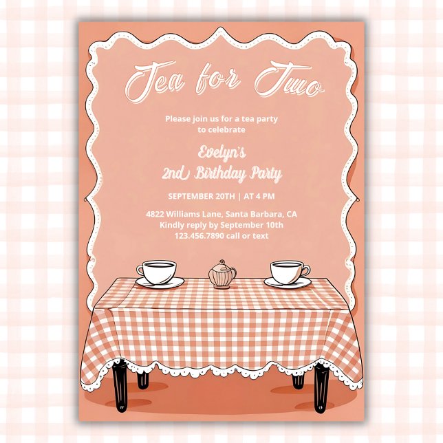 Gingham Tea Party Tee zum zweiten Geburtstag Einladung (Tea for Two 2nd Birthday Invitation Vintage Gingham Tea Party Invite for Girls)