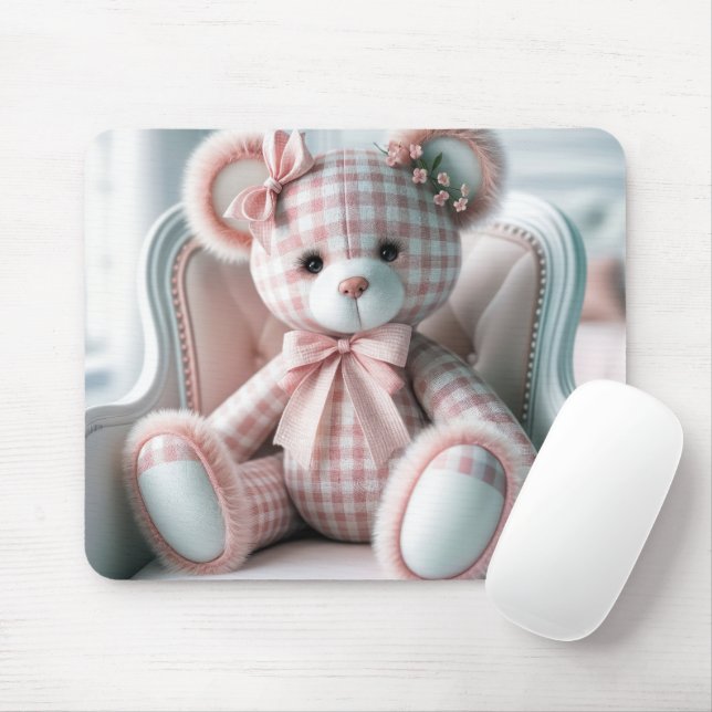 Gingham-Teddybär auf einem Stuhl Mousepad (Mit Mouse)