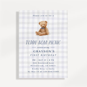 Gingham-Teddybär-Picknick-Erstgeburtstag Einladung