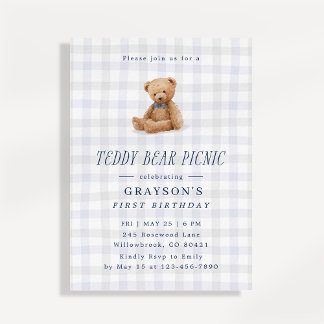 Gingham-Teddybär-Picknick-Erstgeburtstag  Einladung