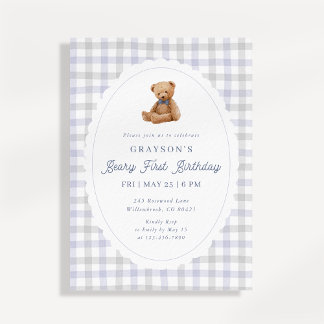 Gingham-Teddybär zum ersten Geburtstag Einladung