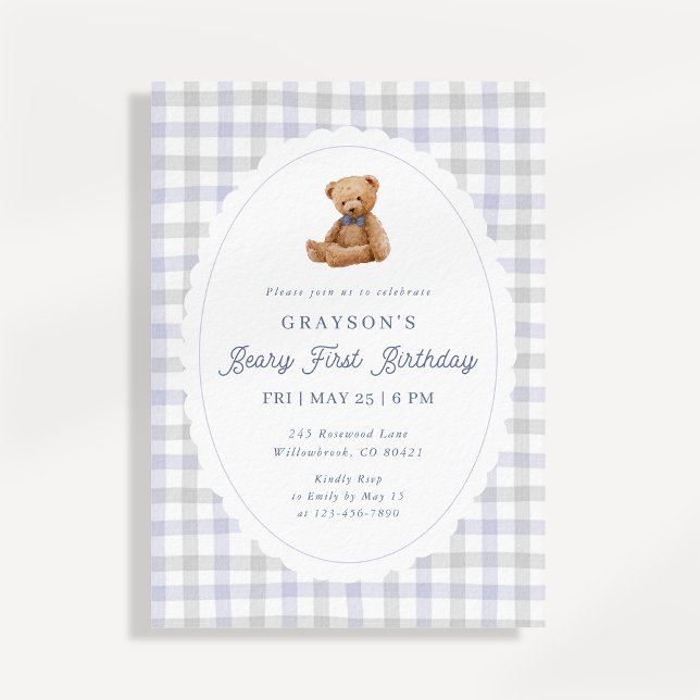 Gingham-Teddybär zum ersten Geburtstag Einladung (Von Creator hochgeladen)